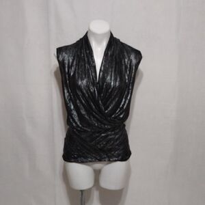 Cache Metallic Drape V Neck Top Sleeveless Wrap Stretch Shimmer Y2K Glam Small